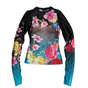AFRM Kaylee Floral Mesh Top Women XS Black Aqua Rose Cottagecore Sheer Stretch